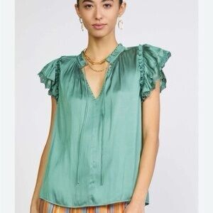 NWT Current Air GREEN  Ruffled Tie Front Blouse